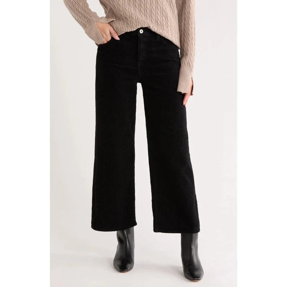 AG Cherise Crop Wide Leg Corduroy Jeans Super Black Mid Rise Plush Size 24